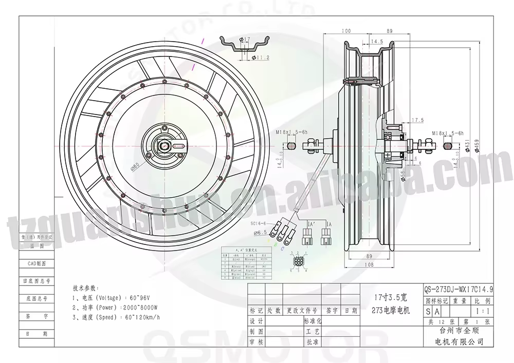 17 Inch Motorcycle Rim Hub Motor 72V - QSMOTOR QS273 17-inch 3000W V3 Brushless